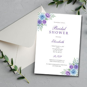 Convite Chuva de Noiva Floral em Aquarela Azul Roxo