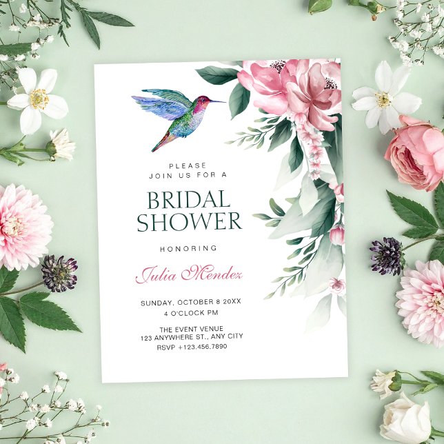 Convite Chuva de noiva floral em aquarela com pássaro (Criador carregado)