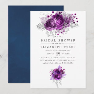 Convite Chuva de Noiva Floral em Aquarela Roxo e Azul Mari