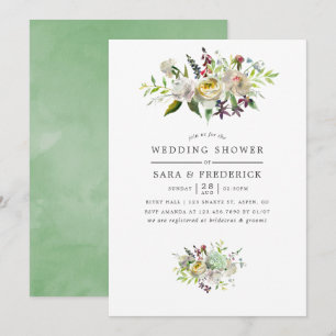 Convite Chuva de Noiva Floral em Aquarela Verde e Branco