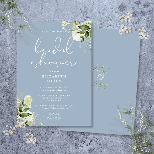 Convite Chuva de Noiva Floral em Azul Poenta (Dusty Blue Greenery Floral Bridal Shower Invitation)