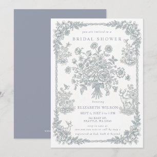 Convite Chuva de Noiva Floral em Toile de Chinoiserie Azul