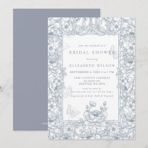 Convite Chuva de Noiva Floral em Toile de Chinoiserie Azul