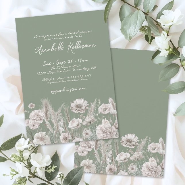 Convite Chuva de Noiva Floral em Verde Salvia Boho (Sage Green Floral Boho Bridal Shower Invitation)