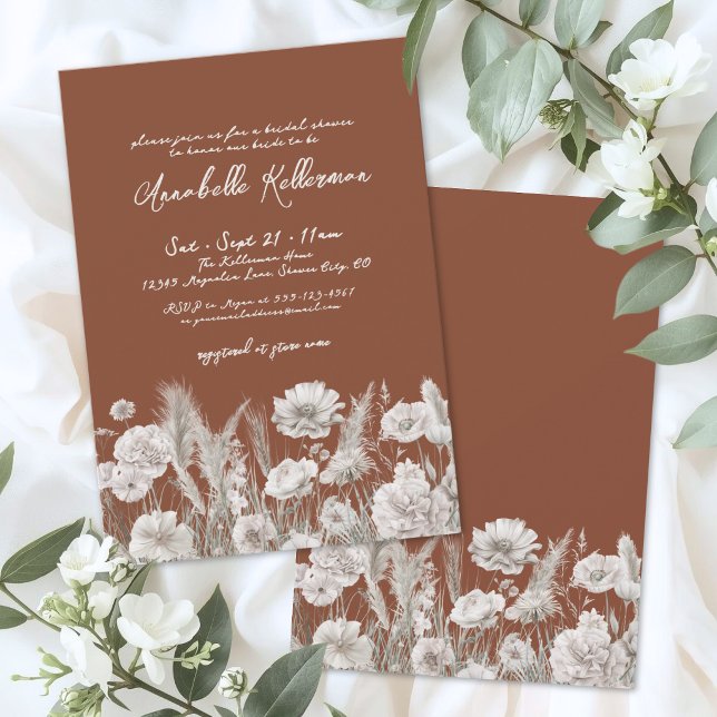 Convite Chuva de Noiva Floral Laranja Queimada Boho (Burnt Orange Floral Boho Bridal Shower Invitation )