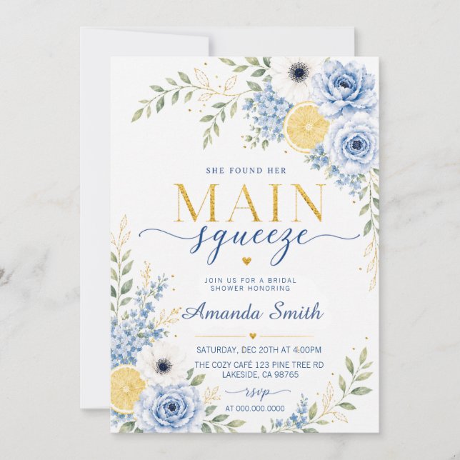 Convite Chuva de Noiva Floral Limão Azul Main Squeeze (Frente)