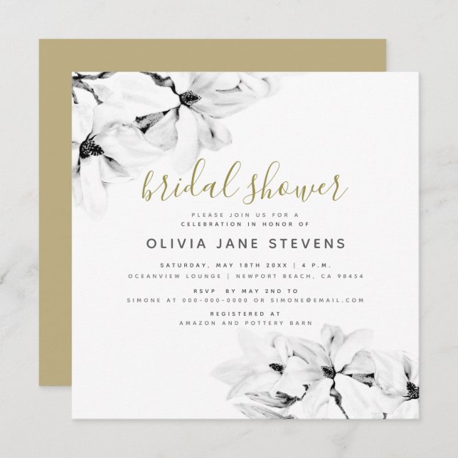 Convite Chuva de Noiva Floral Magnólias Chique Elegante (Frente/Verso)