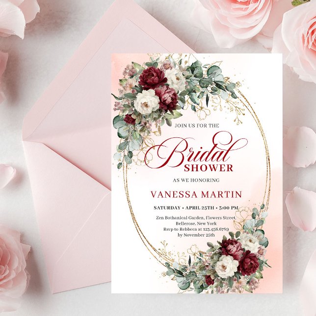 Convite Chuva de Noiva Floral Marrom Tendência com Acento  (Trendy Maroon Floral Gold Accent Bridal Shower

)