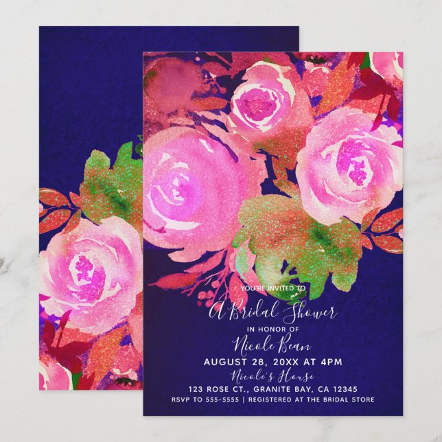 Convite Chuva de Noiva Floral Moderna de Primavera Roxa Vi (Frente/Verso)