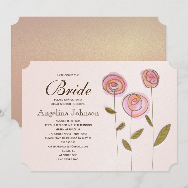 Convite Chuva de Noiva Floral Moderno Elegante em Dourado  (Frente/Verso)