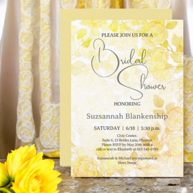 Convite Chuva de Noiva Floral Pastel Sutil  (Front & Back Design Examples for yellow floral bridal shower invitation.)