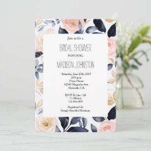 Convite Chuva de Noiva Floral Rosa Azul Creme