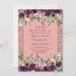 Convite Chuva de Noiva Floral Rosa Burgundy Brilhante Eleg