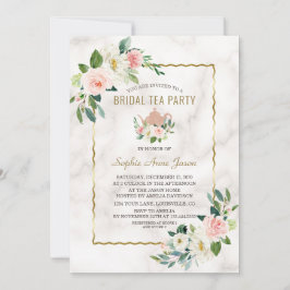 Convite Chuva de Noiva Floral Rosa em Aquarela com Mármore
