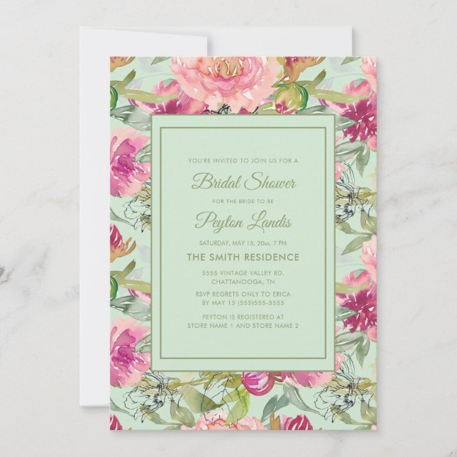 Convite Chuva de Noiva Floral Rosa Neo Verde Menta (Frente)