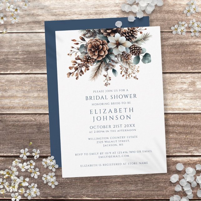 Convite Chuva de Noiva Floral Rústica Elegante Moderna (Modern Elegant Winter Floral Forest Bridal Shower Invitation)