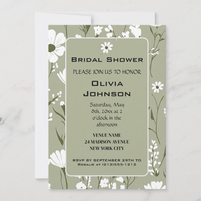 Convite Chuva de Noiva Floral Verde e Branco da PRIMAVERA (Frente)