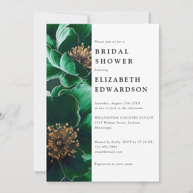 Convite Chuva de Noiva Floral Verde Esmeralda Elegante Cód (Frente)