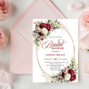 Convite Chuva de Noiva Floral Vermelha Clássica em Branco