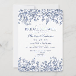 Convite Chuva de Noiva Floral Vintage Chinoiserie Azul