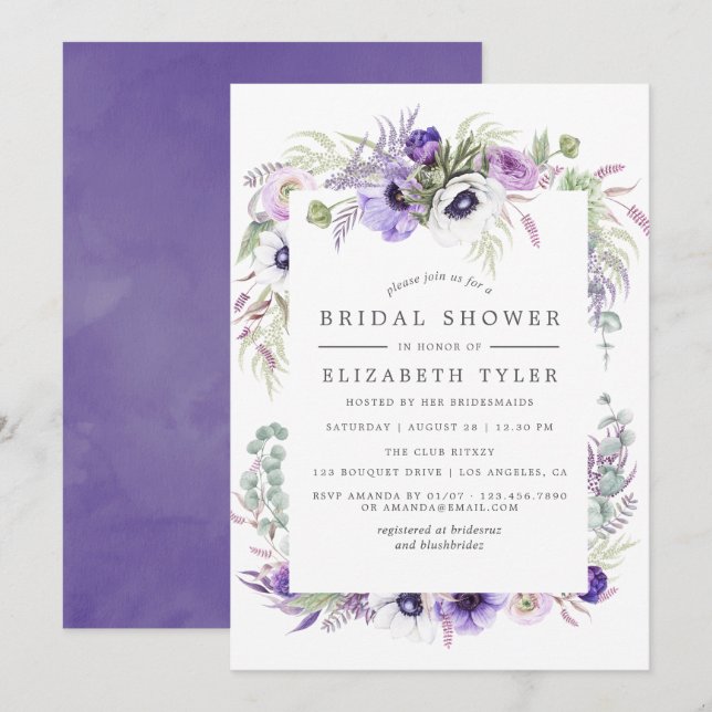 Convite Chuva de Noiva Floral Violeta Desbotada em Aquarel (Frente/Verso)