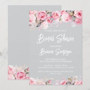 Convite Chuva de Noiva Flores Rosas Rosa em Cinza