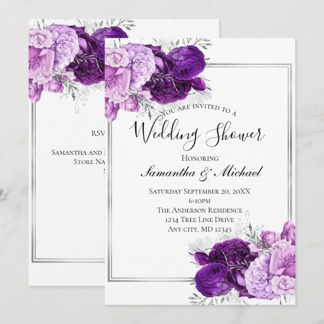 Convite Chuva de Noiva Formal Floral Prateada Roxa Elegant (Frente/Verso)