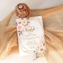 Convite Chuva de Noiva Geométrica Dourada Rosa Floral