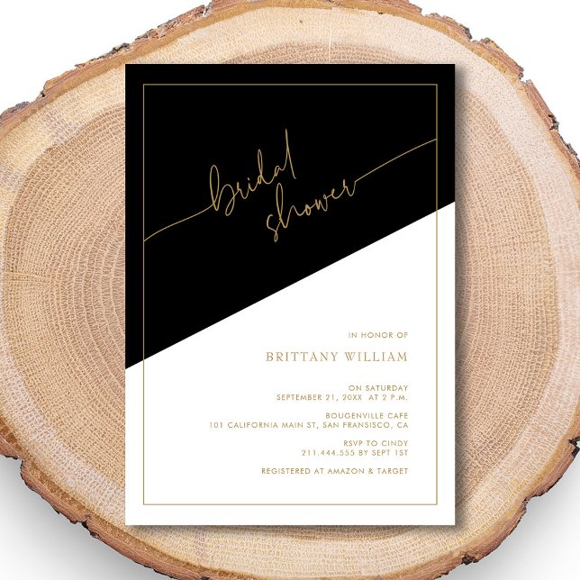 Convite Chuva de Noiva Geométrica Preta e Dourada Elegante (Elegant Gold Script Geometric Bridal Shower Invitation)