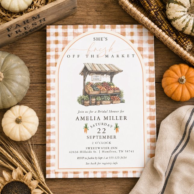 Convite Chuva de Noiva Gingham de Outono Fresca do Mercado (Autumn Gingham Fresh Off The Market Bridal Shower Invitation)