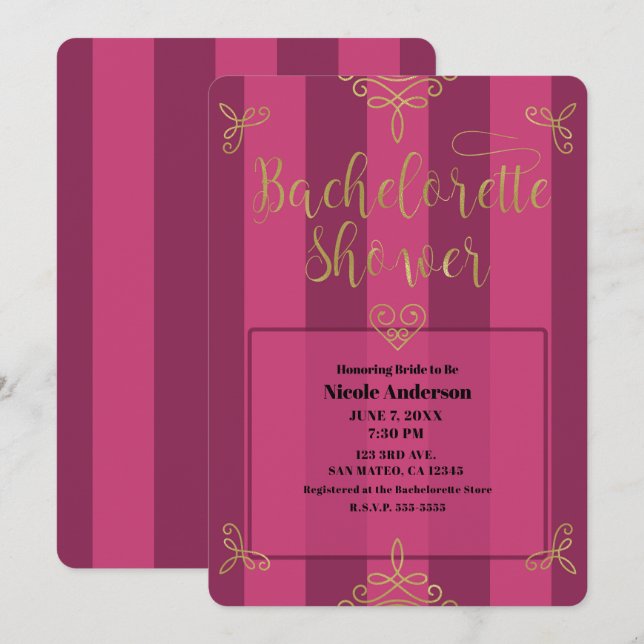 Convite Chuva de Noiva Glam Moderno Roxo e Dourado (Frente/Verso)