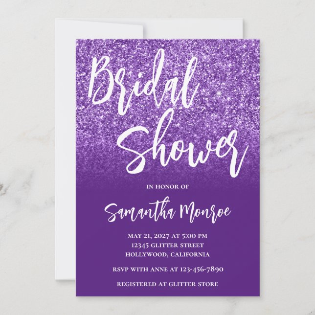 Convite Chuva de Noiva Gradiente de Brilho Roxo Real (Frente)