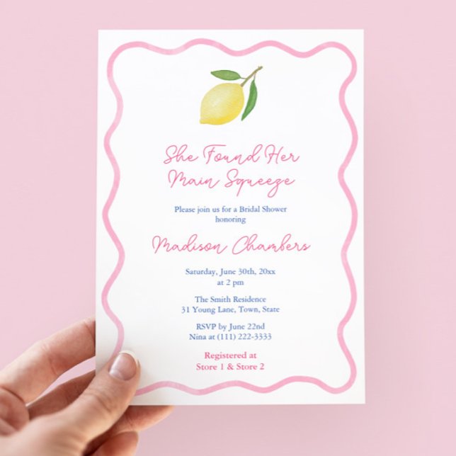 Convite Chuva de Noiva Limões Main Squeeze Borda Ondulada  (Main Squeeze Lemon Bridal Shower Invitation Design With Pink Wavy Line Border)