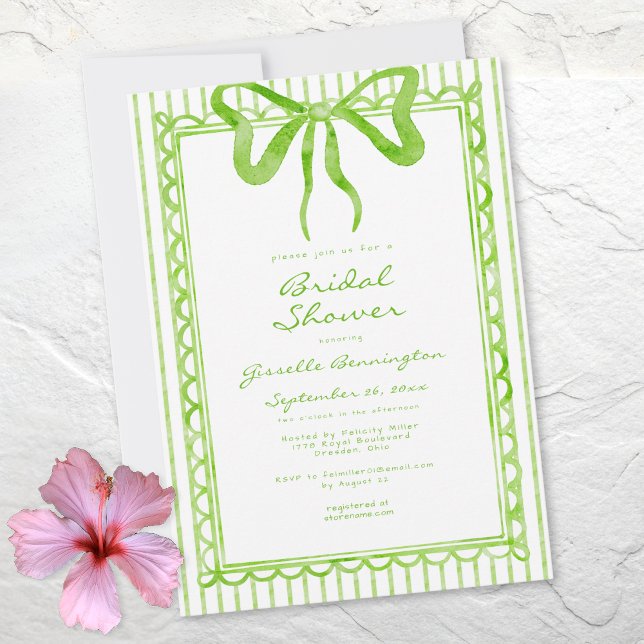 Convite Chuva de Noiva Listra de Arco de Aquarela de Lima  (Whimsical Lime Watercolor Bow Stripe Bridal Shower Invitation)
