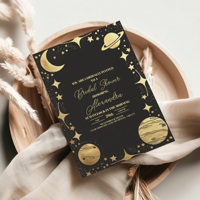 Convite Chuva de Noiva Lua Crescente Celestial em Ouro Pre (Criador carregado)