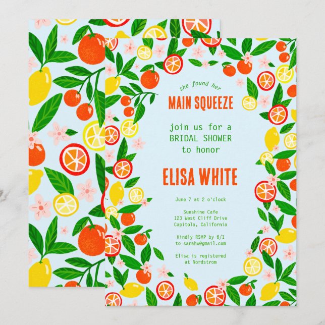 Convite CHUVA DE NOIVA MAIN SQUEEZE Citrus Summer Bright (Frente/Verso)