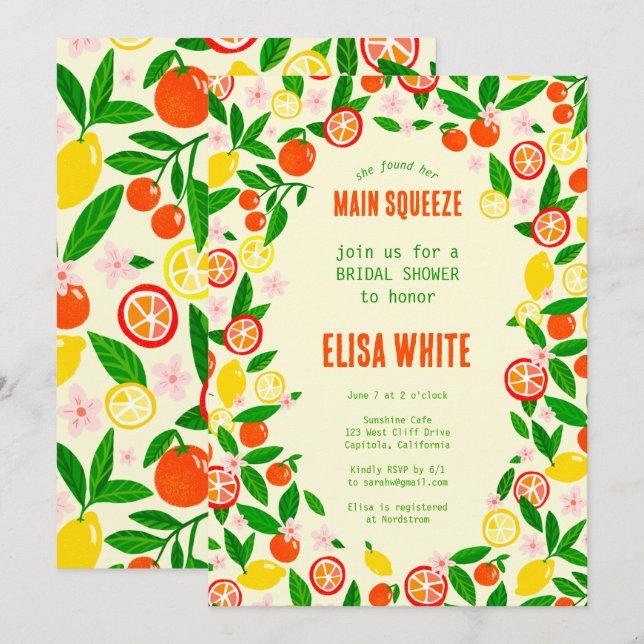 Convite CHUVA DE NOIVA MAIN SQUEEZE Citrus Summer Bright (Frente/Verso)