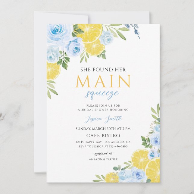 Convite Chuva de Noiva Mediterrâneo Limão Azul (Frente)