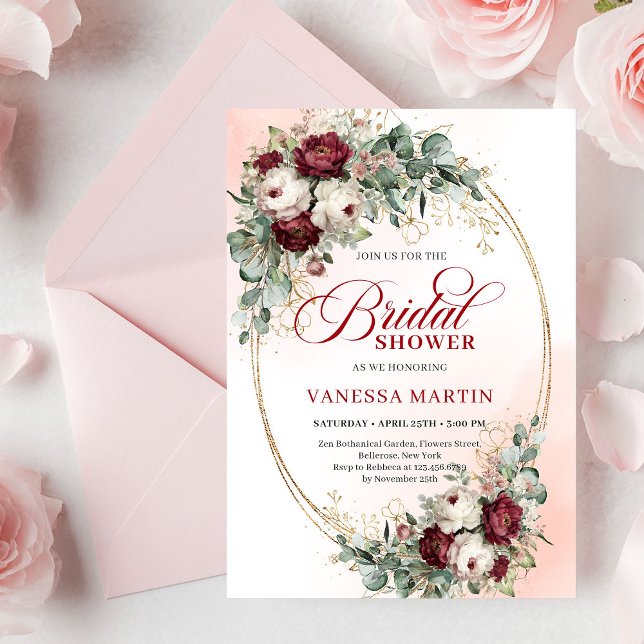 Convite Chuva de Noiva Moderna Boho Burgundy Dourado Eucal (Modern Burgundy Gold Eucalyptus Bridal Shower Invite)