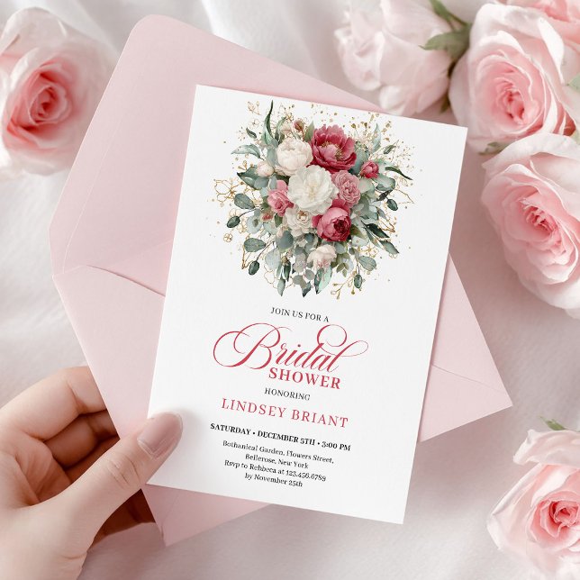 Convite Chuva de Noiva Moderna Boho Vermelho Rosa Verde Do (Modern Boho Red Blush Greenery Bridal Shower Invite

)