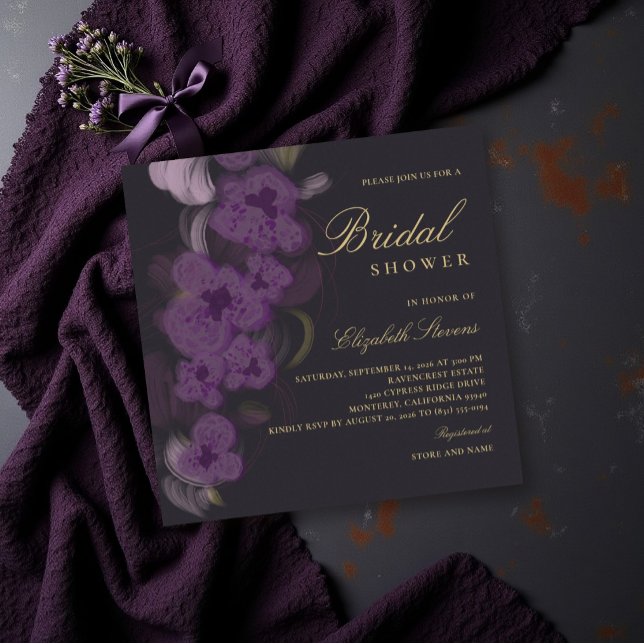 Convite Chuva de Noiva Moderna em Dourado Orquídea Roxa Es (moody bridal shower invitation purple orchids gold dark romantic elegant feminine )