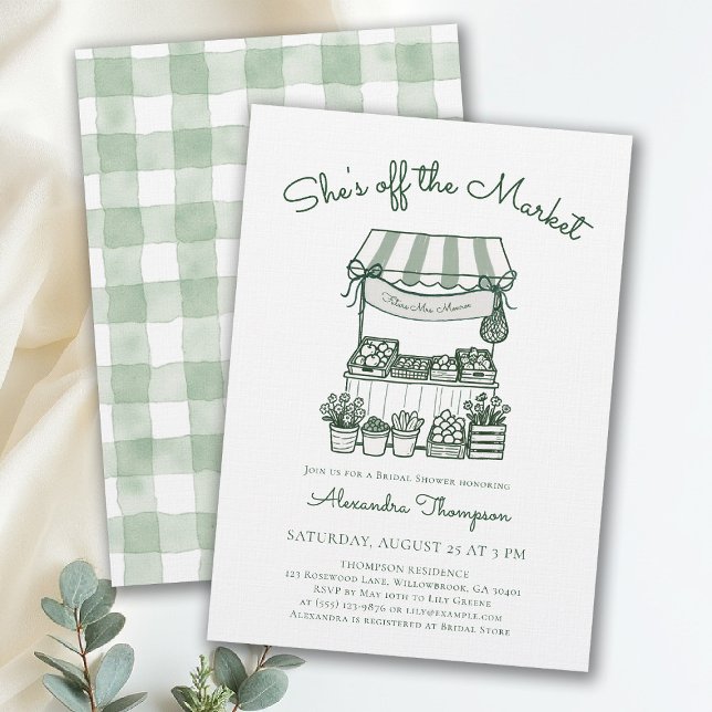 Convite Chuva de Noiva Moderna Verde dos Agricultores fora (off the market bridal shower invitation green sage farmers stand hand drawn modern elegant chic)