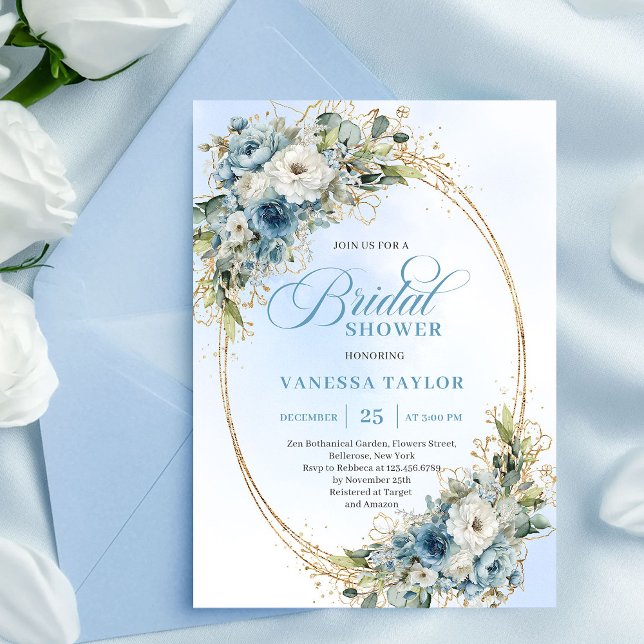 Convite Chuva de Noiva Moderno Boho Flores Azul Poeirento  (Modern Dusty Blue Flowers Gold Bridal Shower Invite)
