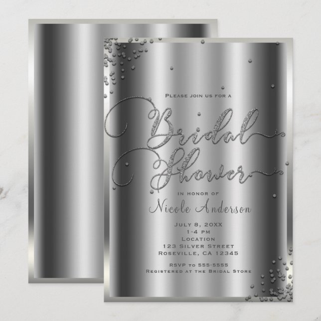 Convite Chuva de Noiva Moderno Brilho Prata Glam Confetes (Frente/Verso)