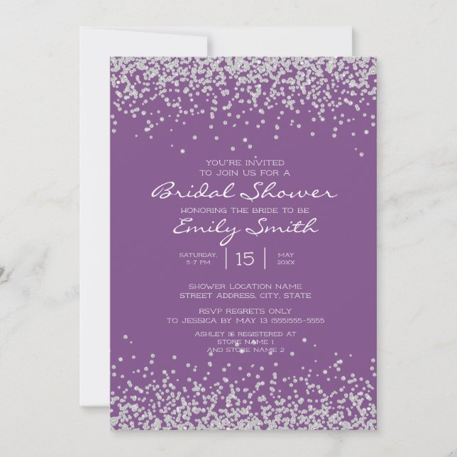 Convite Chuva de Noiva Moderno Elegante Roxo Brilho Prata (Frente)
