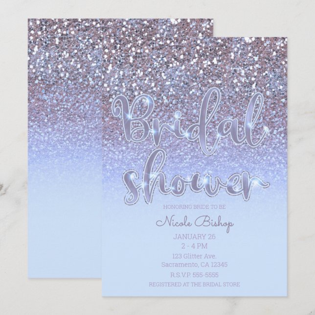 Convite Chuva de Noiva Moderno Glam Glitter Prata Roxo (Frente/Verso)