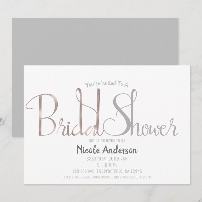 Convite Chuva de Noiva Moderno Rosa Dourado e Cinza Escrit (Frente/Verso)