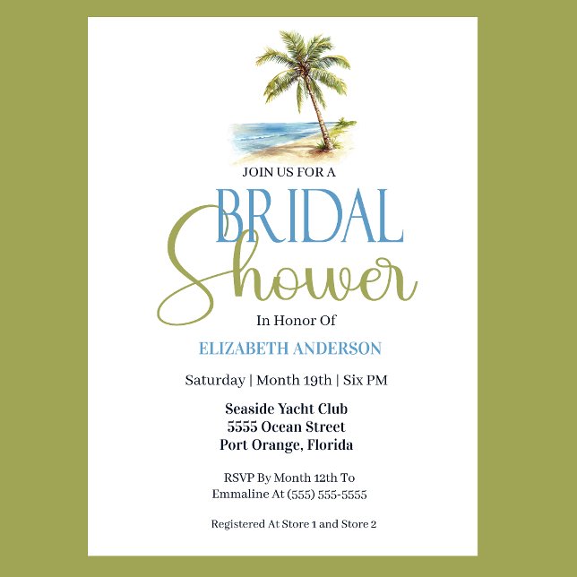 Convite Chuva de Noiva na Palmeira da Praia (Tropical beach bridal shower invitation with palm tree watercolor and coastal seaside theme in blue )