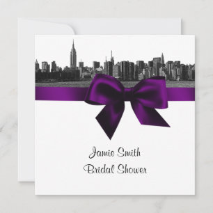 Convite Chuva de Noiva NYC Skyline Largo Gravado BW Roxo S