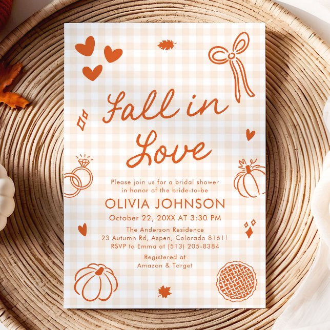 Convite Chuva de Noiva Orange Hand Drawn Fall in Love (Orange Hand Drawn Fall in Love Bridal Shower Invitation)